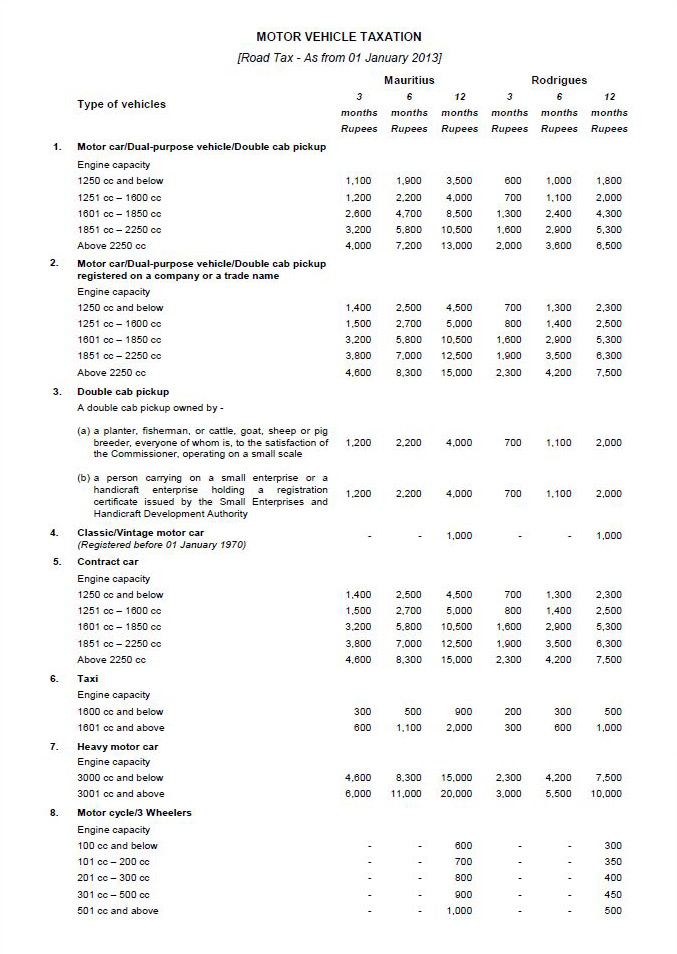 road tax fee in mauritius (declaration)